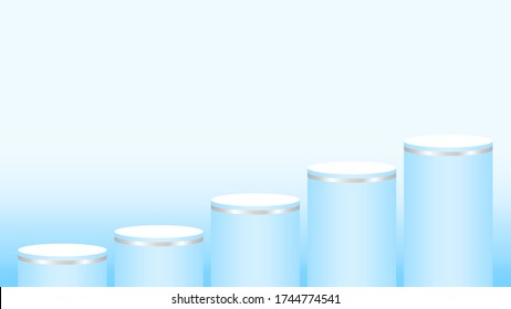 pedestal cylinder circle five steps for cosmetics showcase, podium circle stage light blue pastel soft color, platform 5 steps and advertising copy space, podium round five layers of product display