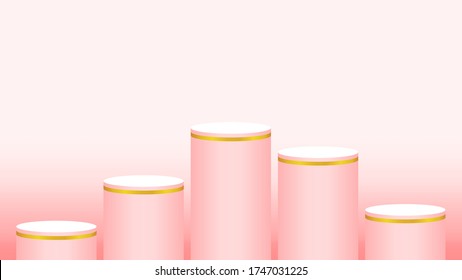 pedestal cylinder circle five steps for cosmetics showcase, podium circle stage red pink soft pastel color, platform 5 steps and advertising copy space, podium round five layers of product display