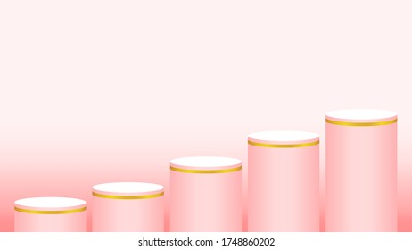 pedestal cylinder circle five steps for cosmetics showcase, podium circle stage red pink soft pastel color, platform 5 steps and advertising copy space, podium round five layers of product display