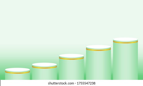 pedestal cylinder circle green pastel color for cosmetics showcase, podium circle stage green soft color, platform 5 steps and advertising copy space, podium round five layers of product display