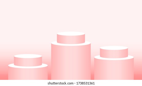 pedestal cylinder circle three steps for cosmetics showcase, podium circle stage red pink soft pastel color, platform 3 steps and advertising copy space, podium round 3 layers of product display