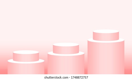 pedestal cylinder circle three steps for cosmetics showcase, podium circle stage red pink soft pastel color, platform 3 steps and advertising copy space, podium round 3 layers of product display