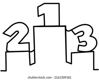 Pedestal with first, second and third place in one line on a white background. Prizes in linear style. The concept of sports competitions, olympiads, competitions. Stock vector image.
