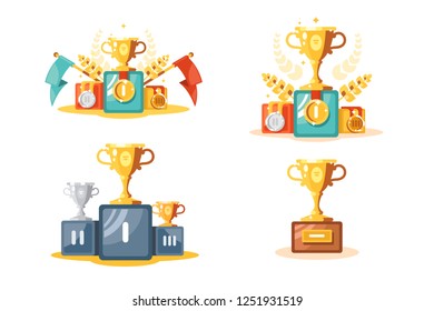 Pedestal with gold cup and medals set vector illustration. Composition consist of different types of golden and silver trophies on podiums flat style concept