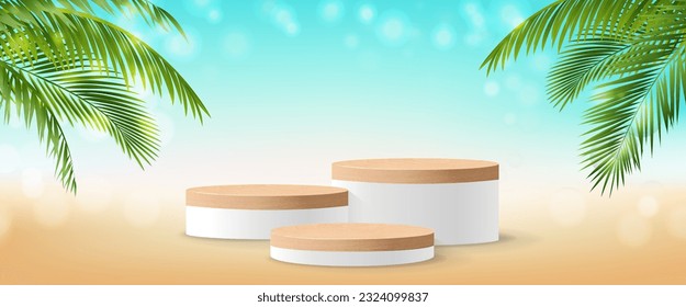 Pedestal With Green Palm Leaf And Sale Background