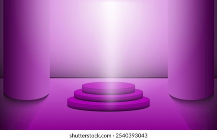 Pedestal in hall. Neon light. Light effects. 3D. Backlit with soft light. Vector Illustration EPS10.