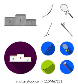 Pedestal of honor for the winners, bow for shooting arrows, racket with a ball for the tennis, hockey stick and puck. Sports set collection icons in monochrome,flat ,flat style vector symbol stock
