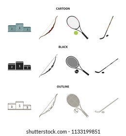 Pedestal of honor for the winners, bow for shooting arrows, racket with a ball for the tennis, hockey stick and puck. Sports set collection icons in cartoon,black,outline style vector symbol stock