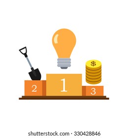 Pedestal with the idea, shovel and money. Priorities.