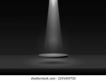 Pedestal illustration. Realistic vector rendering 3d podium shape for placing product with copy space and spotlight. Stage showcase on pedestal display grey studio