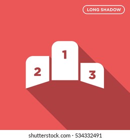 Pedestal isolated vector icon, winner podium sign or symbol in long shadow style on red background