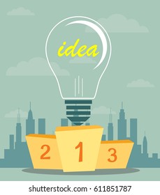 Pedestal with a light bulb in the first place symbolizing the power of the idea. Best podium place for inventions vector illustration