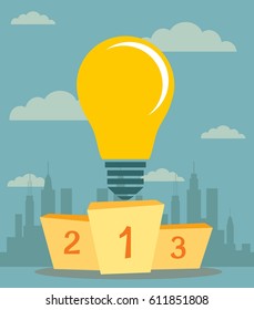 Pedestal with a light bulb in the first place symbolizing the power of the idea. Best podium place for inventions vector illustration