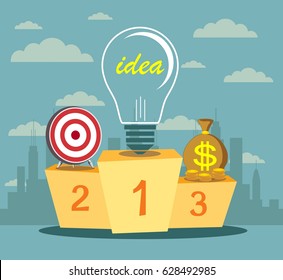 Pedestal with a light bulb in the first place symbolizing the power of the idea. Business assistant. Best podium place for inventions vector illustration