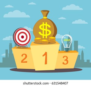 Pedestal with a light bulb in the first place symbolizing the power of the money. Business assistant. Best podium place for inventions vector illustration