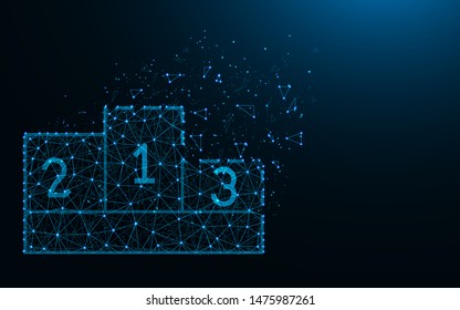 Pedestal low poly design, top places abstract geometric image, 1,2 and 3 place wireframe mesh polygonal vector illustration made from points and lines on dark blue background