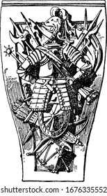 The pedestal of a monument to a Margrave in Pforzheim, Germany. It is engraved with decorative designs like bows and arrows, and the back side of a man like soldier, looking at his left, vintage