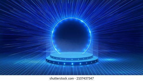 A pedestal with a neon glowing light circle on a blue background of the speed of light. Blue magic portal. 3d hologram effect. Energy vortex teleport. Virtual reality cyberspace. Vector illustration