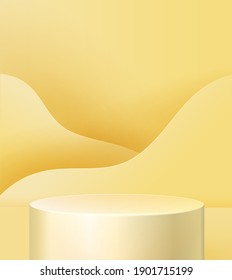 pedestal on a yellow background. Trend podium 3d on the background of waves cut out of paper, with paper plants: a branch with leaves.