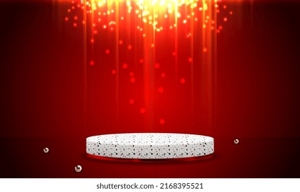 Pedestal of platform display with modern marble stand podium on red room background. Podium round stage with golden pearls on red background for demonstration of cosmetic products. Showcase. Vector
