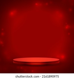 Pedestal of platform display with modern stand podium on red room background. Blank Exhibition stage backdrop or empty product shelf. 3D 