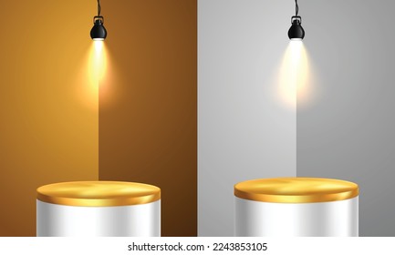 pedestal or platform illuminated by spotlights