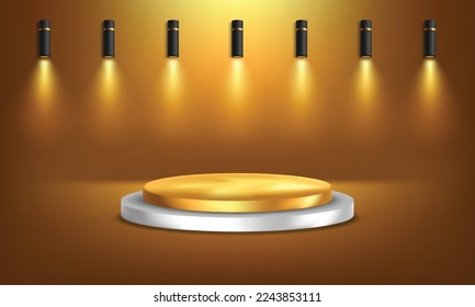 pedestal or platform illuminated by spotlights