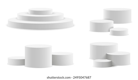 Sockel und Plattform, Standbühne, Zylinder. Runde leere Bühnen und Podesttreppen 3D-Vorlage. Realistisches Podium setzen