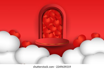 Pedestal podium design with soft pastel gradient colors and soft cloud frames, valentine's day, suitable for promotion and advertising of business products