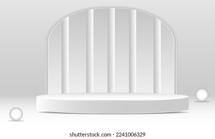 pedestal podium mockup. Abstract white 3D vector room with realistic white cylinder pedestal podium set. Minimal scene for product display presentation. Vector geometric platform. Stage for showcase.