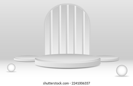 pedestal podium mockup. Abstract white 3D vector room with realistic white cylinder pedestal podium set. Minimal scene for product display presentation. Vector geometric platform. Stage for showcase.