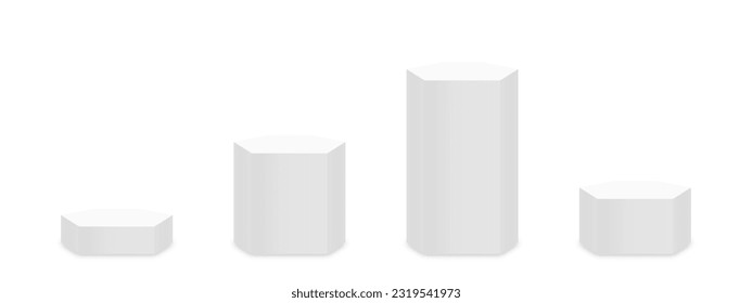 Pedestal and podium mockup in hexagon pillar shapes. Empty museum stage or pedestal mockup isolated on white background. Stand for award ceremony, product presentation and museum exhibition. Vector