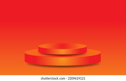 pedestal podium mockup. Minimal abstract scene with 3d vector podium, air flying geometric bubble shapes on orange background. Cosmetic product display presentation.