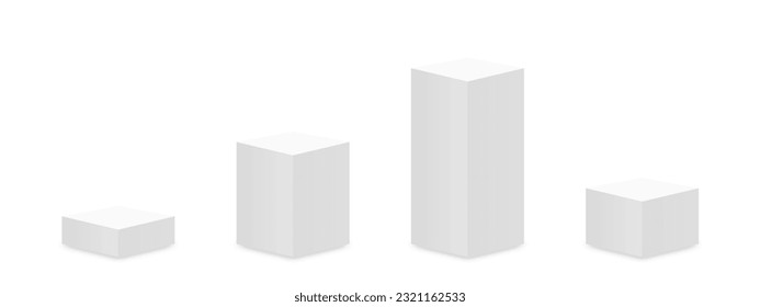 Pedestal and podium mockup in square pillar shapes. Empty museum stage or pedestal mockup isolated on white background. Stand for award ceremony, product presentation and museum exhibition. Vector