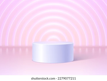 Pedestal or podium in round empty room with neon lights on the background. Architectural abstraction for product showcase or award ceremony.