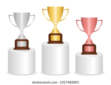Pedestal Podiums or Winner Podium with Trophy Cup Gold, Silver and Bronze. Vector Illustration Isolated on White Background. 