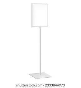 Pedestal poster frame vector mockup. Advertising floor standing double sided display template. Blank white placard sign holder stand on square steel base mock-up