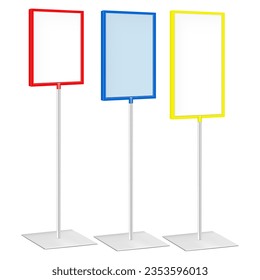 Pedestal poster frame vector mockup set. Floor display stand template. Blank white placard sign holder on metal pole and base mock-up. Easy editable