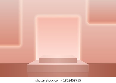 Pedestal for presentation of rectangular shape. Abstract background with neon light, brown, pink. Vector podium from two floors. 3D realism.