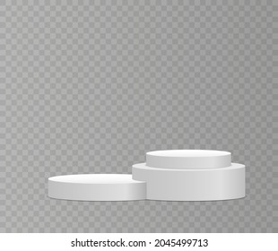 Pedestal for product, promotion sale, banner, presentation, cosmetic, offer. White 3d podium mockup in different shapes. Podium or platform for award ceremony and product presentation. Vector.