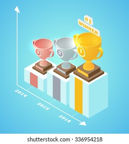 Pedestal Progress Isometric Cup Of Winner - Gold, Silver And Bronze