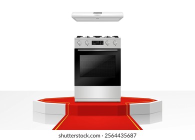 Рodium or Pedestal with red path, kitchen hood and gas stove. Modern, realistic 3d vector illustration of home appliances. Front view, close-up.