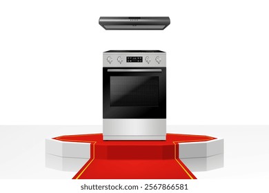 Рodium or Pedestal with red path, kitchen hood and electric stove. Modern, realistic 3d vector illustration of home appliances. Front view, close-up.