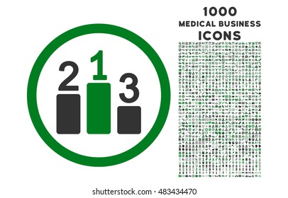 Pedestal rounded vector bicolor icon with 1000 medical business icons. Set style is flat pictograms, green and gray colors, white background.
