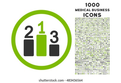 Pedestal rounded vector bicolor icon with 1000 medical business icons. Set style is flat pictograms, eco green and gray colors, white background.