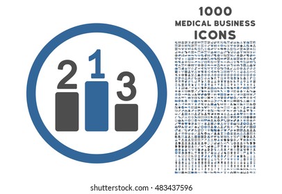 Pedestal rounded vector bicolor icon with 1000 medical business icons. Set style is flat pictograms, cobalt and gray colors, white background.