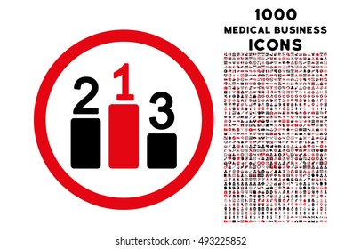 Pedestal rounded vector bicolor icon with 1000 medical business icons. Set style is flat pictograms, intensive red and black colors, white background.