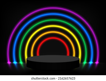 Pedestal scene for show product display decorated with rainbow glowing neon light isolated on black background. Vector illustration.