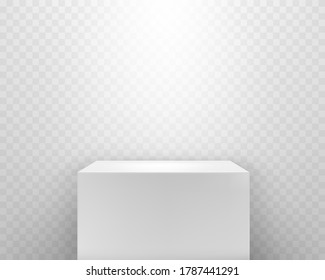 Pedestal with shadow and spotlight isolated on transparent background. White 3d cube podium stand. Vector empty platform mockup