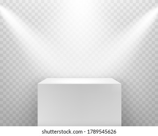 Pedestal with shadow and spotlights isolated on transparent background. White 3d cube podium stand. Vector empty platform mockup